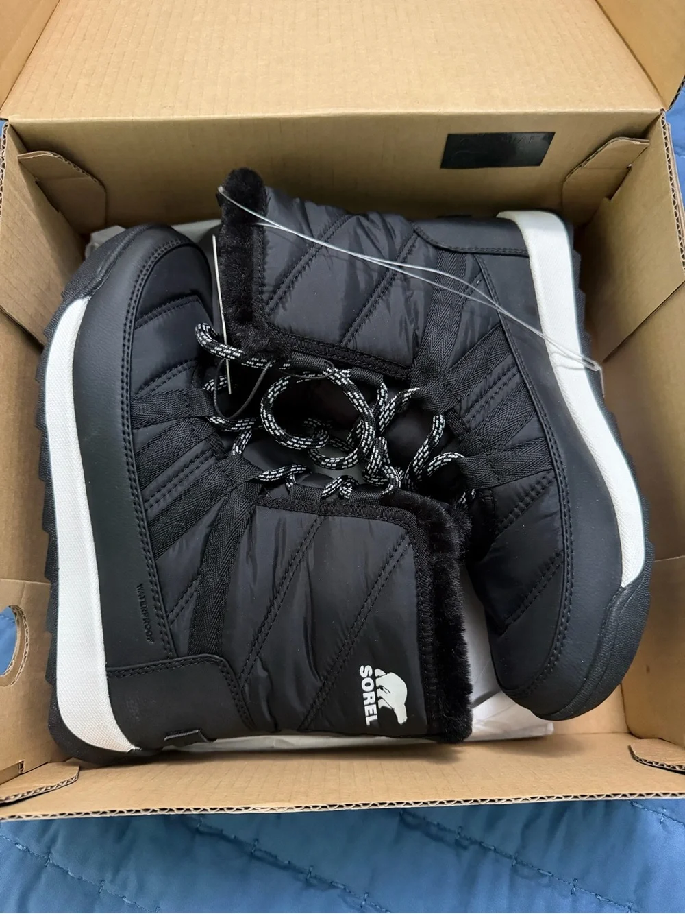 Sorel Black Quilted Lace-Up Winter Ankle Boots with Faux Fur Trim